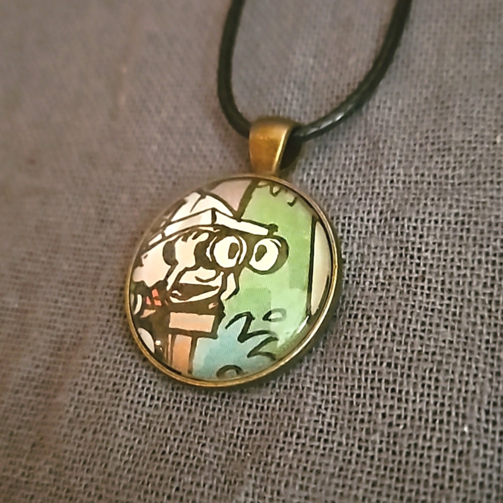 Upcycled Calvin & Hobbes necklace book page Calvin binoculars brass cabochon nwt